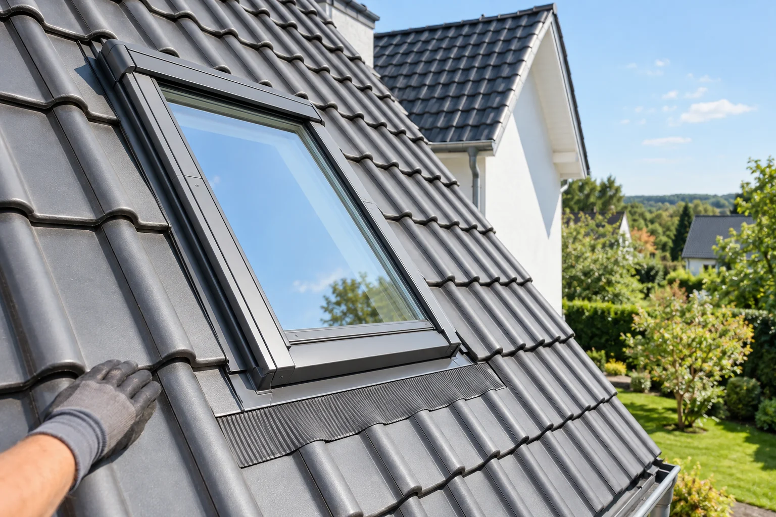 Sorgfältig eingefasstes Dachfenster auf einem deutschen Ziegeldach