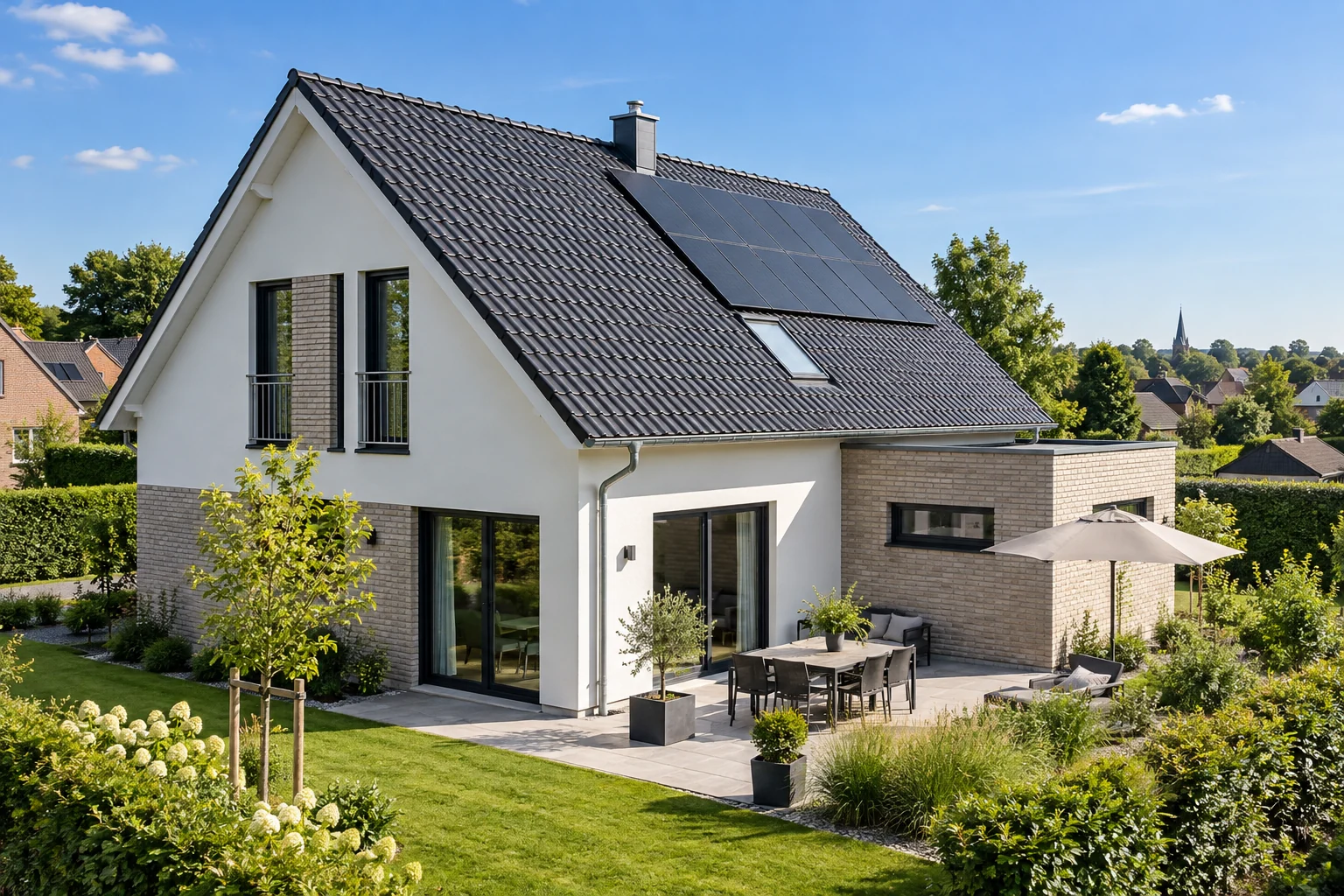 Fertig gedecktes deutsches Wohnhaus mit Solarpanels