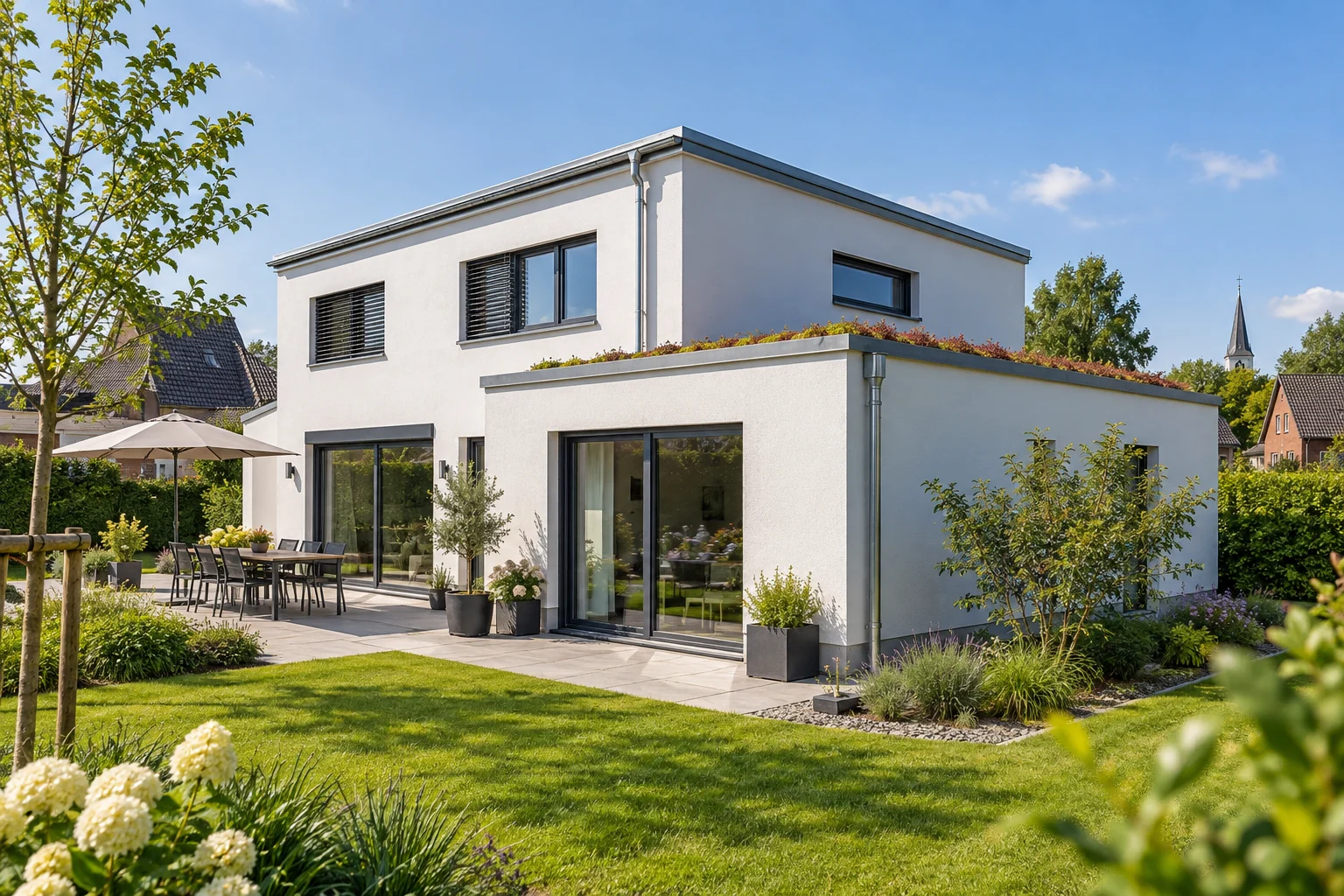 Wohnhaus mit Flachdach und begrüntem Dachabschnitt