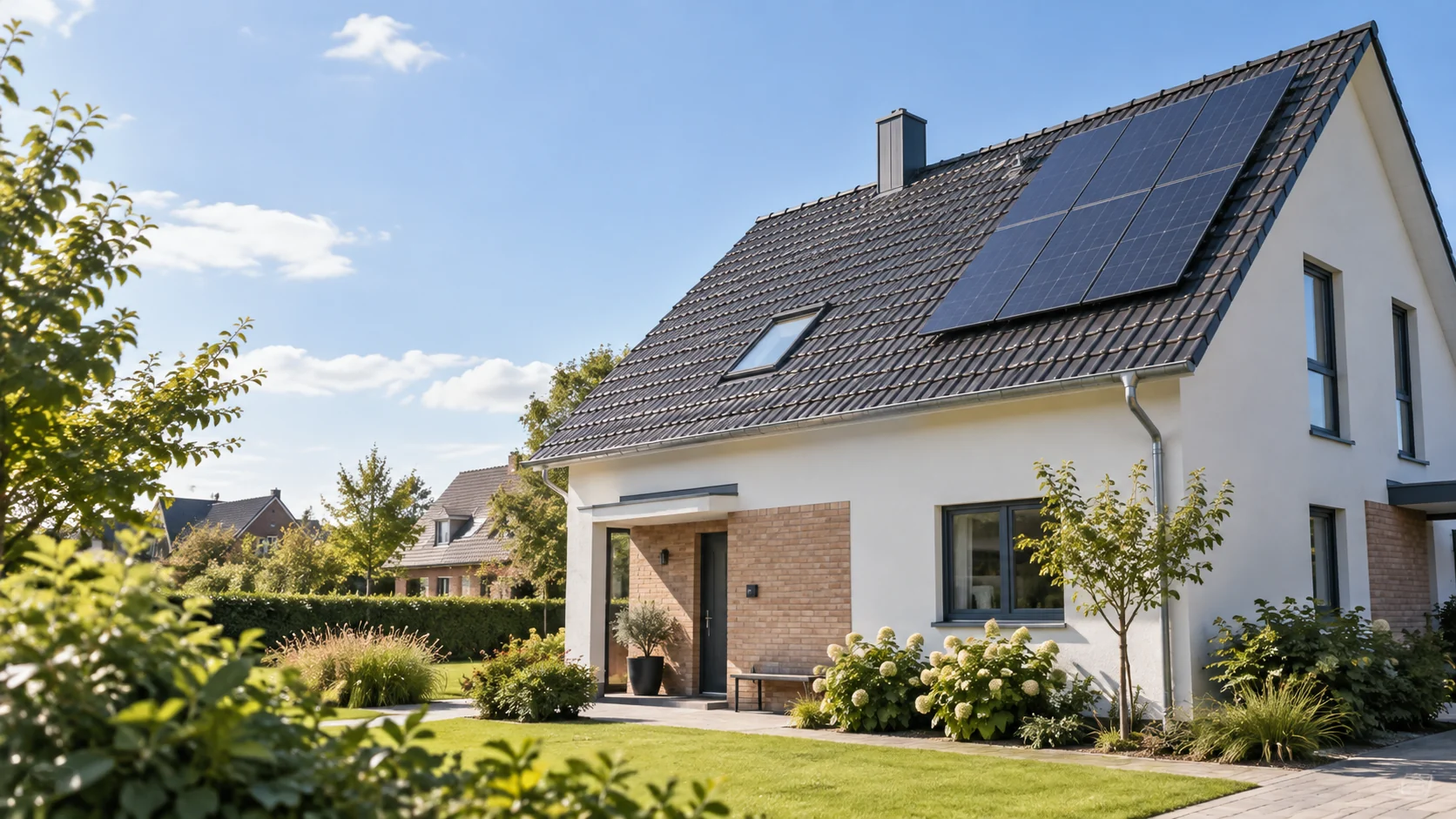Deutsches Wohnhaus mit Ziegeldach und Solarpanels