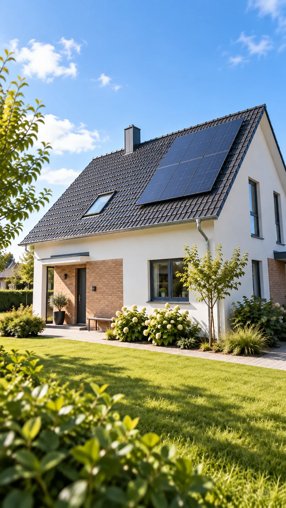 Deutsches Wohnhaus mit Ziegeldach und Solarpanels